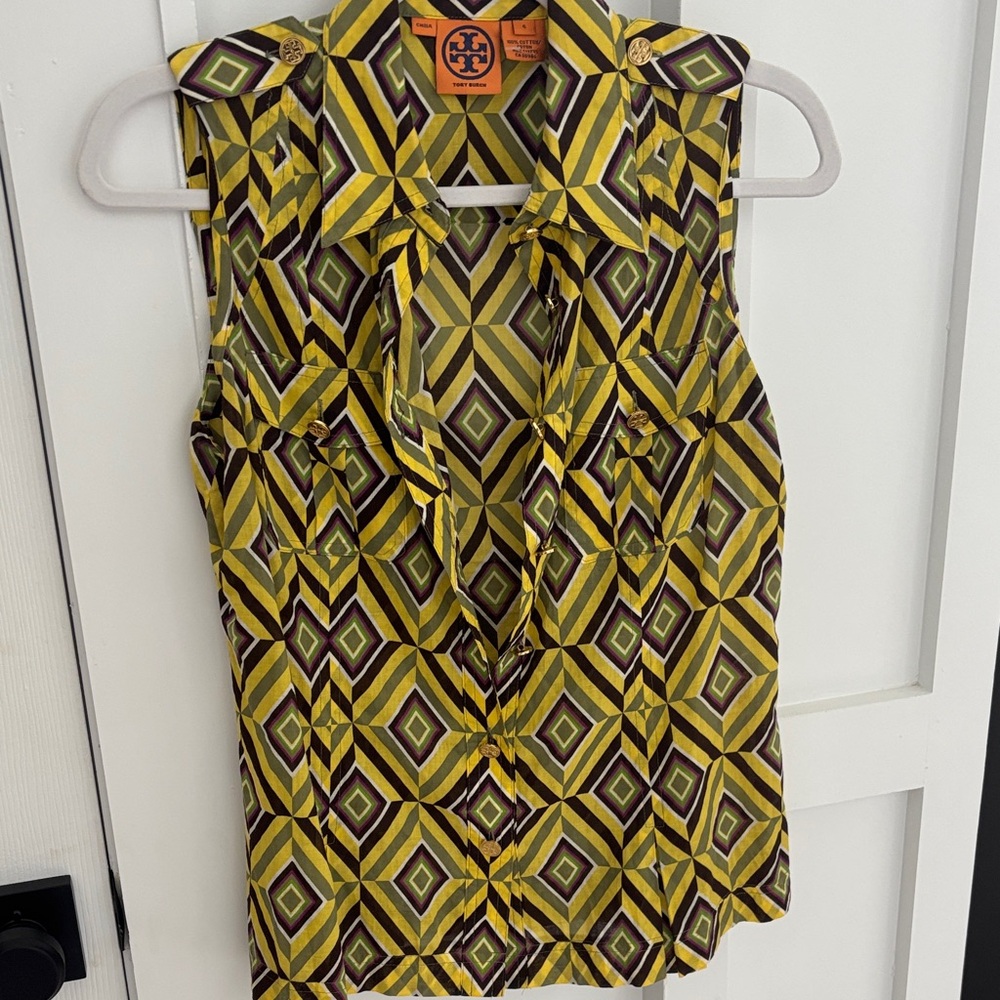 Tory Burch Yellow and Brown Geometric Blouse